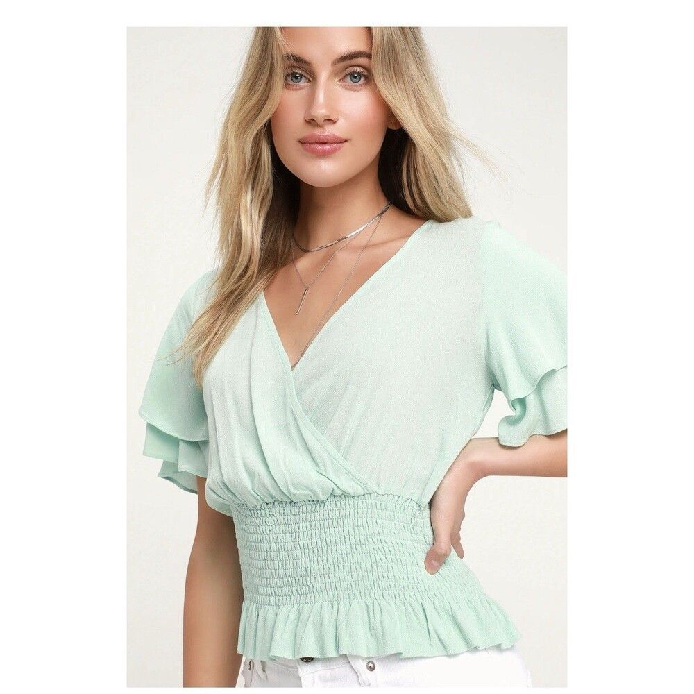 Lulus Mint Green Smocked Short Sleeve Blouse Sz XS